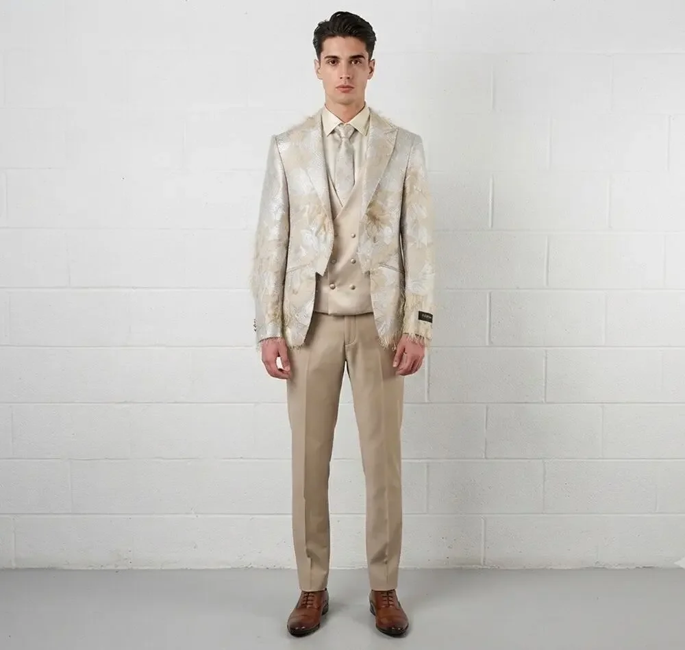 Torres Mens Tuxedo Suit 40 US 50 EU Beige Floral Borcade Tasseled 3pcs Set t12